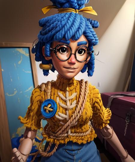 May, blue hair,dreadlocks, hair bun,  black eyes, glasses, wooden joints,  standing, upper body, smiling,  solo,   
ClYarn, yellow shirt,  blue pants with stiches, yellow hair ribbon, short sleeves, large blue button on shirt, , 
in a giant toy box,  
(insanely detailed, beautiful detailed face, masterpiece, best quality),  <lora:May-10:0.9>