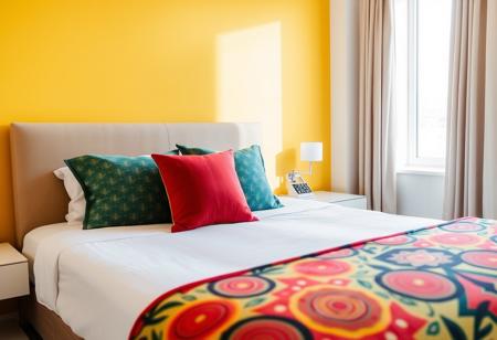 A stylish bed with sleek, contemporary design, adorned with colorful throw pillows and a vibrant patterned blanket in a modern bedroom with brightly painted walls. The fills the frame of the image. Next to the bed is a modern nightstand with a minimalist lamp. The space is flooded with natural light.
