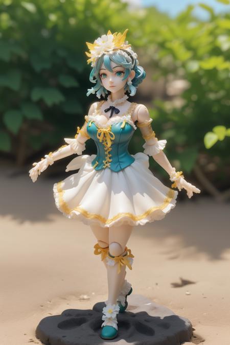 <lora:toy figurine1.5v1:1>toy figurine,pvc style,masterpiece, best quality, highly detailed, villhaze, green eyes, hair between eyes, blue hair, bare shoulders, large breasts, maid headdress, short hair, frills, closed mouth, detached sleeves, ribbon, maid, black bow, hair ornament, hair flower, white flower, beach, day, water, outdoor, short dress, thigh strap, sidelocks, two-tone dress, white wrist cuffs, yellow ribbon, black sleeves,figma,full body,