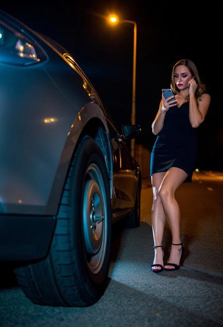 two beautiful women standing by the side of a car with a ((flat tire)), one looking at the tire, shining phone light on tire, the other talking on her iPhone. Nighttime, nearby streetlight, little black dress for party, make-up, heels. deserted street. car tilting to side of flat tire, light on the flat tire, close up on flat tire and women.