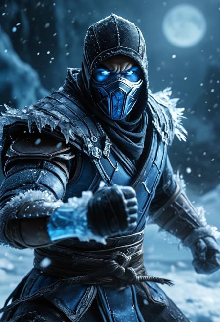 A highly detailed image of ((Sub-Zero from Mortal Kombat)), with glowing blue eyes, surrounded by an icy theme. He should be in a dynamic fighting pose, wearing the iconic mask that leaves only his piercing eyes visible.
In the background, depict a chilly full moon casting an icy glow behind him. Surround Sub-Zero's fists with swirling ice, emphasizing his cryomancer abilities.
Utilize Rembrandt lighting to create dramatic contrasts and shadows, highlighting his fierce expression and icy surroundings. Ensure the image captures the cold and intense atmosphere of Sub-Zero's powers.
Render the image in 8K resolution for maximum detail and realism, capturing the texture of his costume, the glow of the moonlight, and the shimmering ice around him.
(Dramatic Lighting, Photography, 3D Illustration, Vibrant Colors, Exquisite Detail, Award Winning, Stunning)  <lora:MJ52:0.6> epiCPhoto