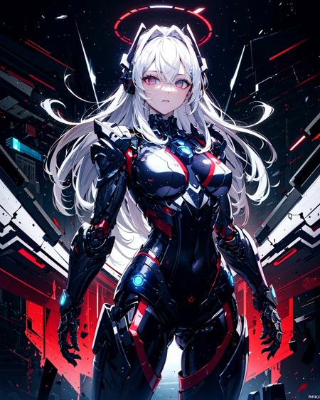 masterpiece,best quality,ultra-detailed,very detailed illustrations,extremely detailed,intricate details,highres,super complex details,extremely detailed 8k cg wallpaper,cowboy shot, caustics,reflection,ray tracing,demontheme,nebula,dark aura,cyber effect, (1girl:1.4),solo,alone,mecha musume,mechanical parts, robot joints,single mechanical arm, headgear, mechanical halo,star halo,intricate mechanical bodysuit, mecha corset, kimono, full armor, very long hair,white hair, hair between eyes, multicolored hair, colored inner hair, red eyes,glowing eye,eye trail, random expressions,random action, ancient japanese architecture,pond, starry sky,skyline,  <lora:A-Mecha-REN[color_theme,mecha musume, mechanical parts, robot joints,headgear,full armor]:1>