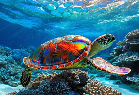 Blue glass turtle under water,
Broken glass effect,
 coral reef in the background,
stunning,
something that doesn't even exist,
to be mythical,
energy,
molecular,
textures,
iridescent and luminescent scales,
breathtaking beauty,
pure perfection,
divine presence,
unforgettable,
impressive,
breathtaking beauty,
Volumetric light,
will have,
rays,
bright colors reflect