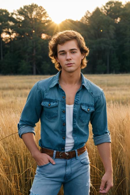 (medium full shot:1) photo of justin_owen <lora:justin_owen-07:0.75> wearing an (unbuttoned:0.3) denim shirt in an open field, a hint of chest, rugged jeans, golden hour lighting, sun setting behind, rugged, free-spirited, sense of adventure, vintage pickup truck in the distance, tall grass swaying