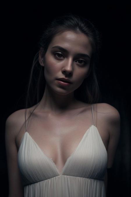 low key, dark studio, very naturally beautiful face, beautiful intensive eyes, wearing only a classical oldschool nightdress, she performs a emotional and passionate expression dance in style from Pina Bausch wuppertal dance company, on a lonely theater stage, sexy young beautiful model , highly contrentaed to the classical music, Dewy skin with completeley no makeup, single braid black hair , Silver beaded bracelet, shot with arri studio camera, light_particles, cinematic, dynamic_angle,