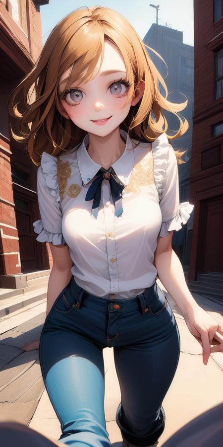 best quality,masterpiece,illustration,beautiful detailed glow,textile shading,absurdres,highres,dynamic lighting,intricate detailed,beautiful eyes,(cify background,building ),
BREAK,
(pov:1.3),
BREAK,
(1 girl, solo:1.5),
(smile),
(jeans pants and frill shirts)