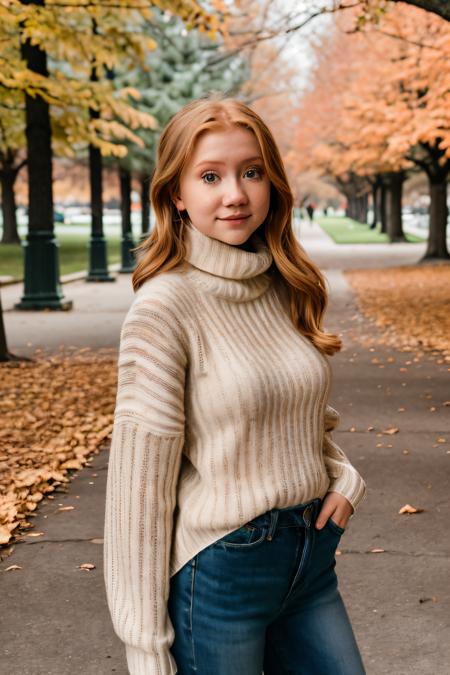 RAW photo of lifewithmak, Turtleneck Sweater at Autumn Stroll in the Park, (high detailed skin:1.2), 8k uhd, dslr, soft lighting, high quality, film grain, Fujifilm XT3, <lora:lifewithmak:1>