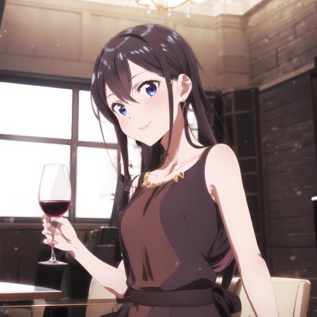 high quality, best quality, masterpiece, absurdres, rena hananoi, casual, 1girl, ballroom,  <lora:rena-new01:0.85>, holding glass of wine, red_dress, smile, looking_at_viewer, blush, night