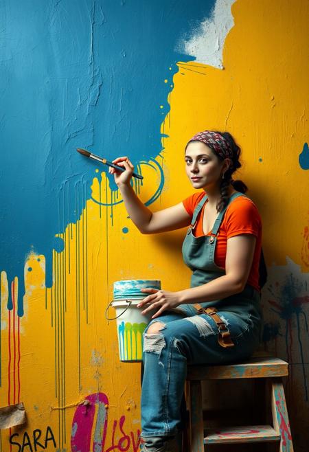 ((Highly detailed )),Unbelievably absurd,Woman painting on wall,Sit and rest,Paint Bucket,paintbrush,bandana,Work clothes,step,There is paint everywhere,(((Wall Art))), ((masterpiece, Highest quality, Highly detailed CG, unity 8k wallpaper )),(masterpiece, Highest quality, Highest quality, Official Art, beautiful),Very vivid,High-precision images,Ultra-high resolution,Great art,Poster Art,Impressive photos,Graffiti Art Style,Face stained with paint,avert your eyes,Impressive art,beautiful顔,Perfect Face, realistic, hyper-realistic, perfect lighting hyperdetailed