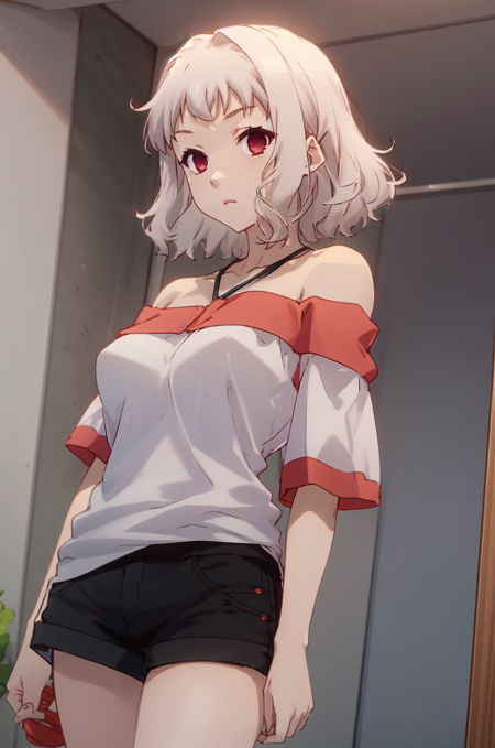 liz_fk, short hair, letterboxed, wavy hair shirt, bare shoulders, short sleeves, off shoulder, shorts, black shorts breasts,  large breasts