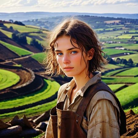 a young medieval farmer digging in the dirt, 1girl, blue eyes, short brown hair, 
analogue photography, natural light,