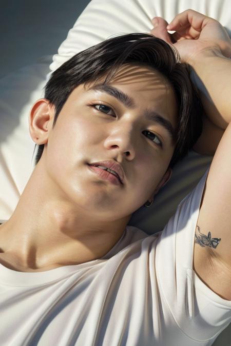 mark reyes, lying down, hunk, face, front upper body, dry fit shirt, muscular  (absurdres, highres, ultra detailed) ((masterpiece)), ((best quality:1.1)), High Resolution, 8k,1boy, best quality, masterpiece, (photorealistic:1.4), 4k, high quality, masterpiece, best quality, highres, dynamic poses, realistic, mature male, looking at viewer,  <lora:mark-reyes-09 (1):1> <lora:photorealistic02:0.3>