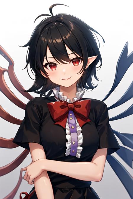 best quality, masterpiece, highres, solo, {houjuu_nue_touhou:1.15}, black_hair, wings, asymmetrical_wings, red_eyes, short_hair, bow, smile, 1girl, black_dress, bowtie, dress, looking_at_viewer, red_bow, red_bowtie, simple_background, upper_body, white_background