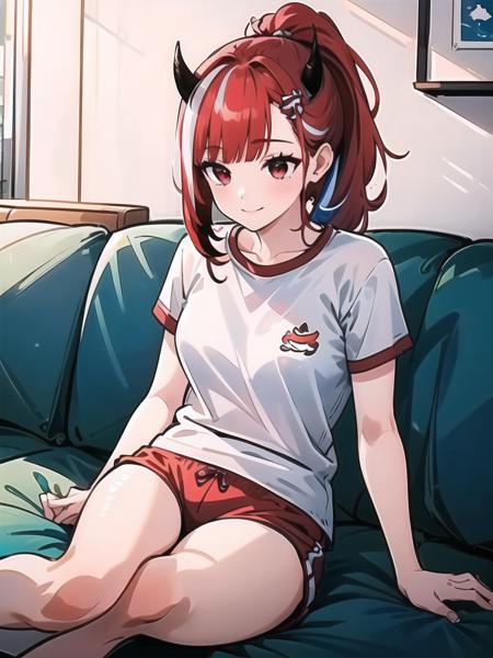 (1girl, solo, masterpiece, best quality, extremely detail), <lora:korean_streamer_v3.1-000014:0.8>, light smile, dolphin_shorts, hair, indoors, sitting, on couch, (bgirl, red hair, horns, red eyes, ponytail, streaked hair)