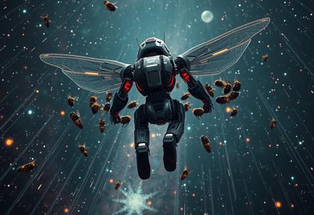 Create a highly detailed, 8k resolution digital painting of a flying robot in a space galaxy environment. The robot should be centered in the frame, with a full-body rear-shot perspective. It should have boots and be accompanied by a crimson-black bee army flying behind it. Include tracing star trails and a glaive in the scene. The style should be cyberpunk, with a focus on sharp focus and lifelike details. Incorporate elements of rust and android design. The image should be created using Unreal Engine 5 and Cinema 4D, with a smooth and sharp focus. The desired aesthetic is reminiscent of the work of Artgerm, Greg Rutkowski, Alphonse Mucha, and Loish. Ensure the image is of high quality, with no blur or depth of field effects.