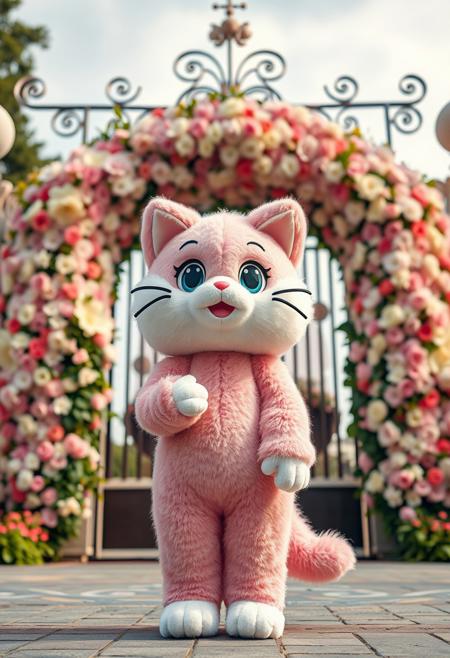 a photorealistic image, 4K, absurdres, amazing quality, hires, Furry cat mascot costumed, plushy like, animal ears, big eyes, standing in front of gigantic gate that is made from flowers, pink and white fur, cute, anime, doll, kawaii,