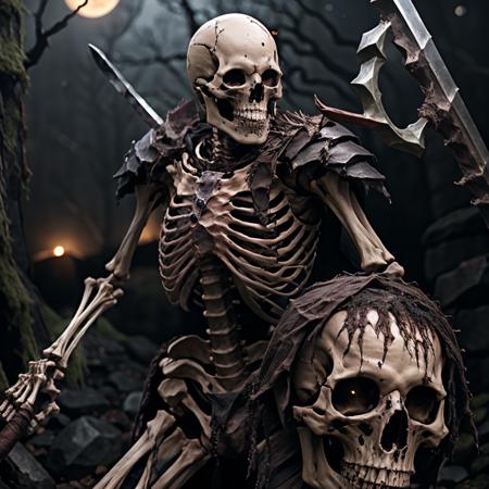 <lora:RPGSkeleton:1> skeleton:1.1, holding weapon, facing viewer, ribs, breastplate, axe,  depth of field, ((night)), crypt, realistic:1.3