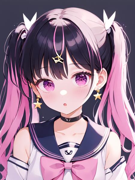 1girl, black hair, pink nails, hair ornament, twintails, sailor collar, star (symbol), school uniform, star hair ornament, solo, choker, scrunchie, nail polish, low twintails, makeup, long hair, multicolored hair, jewelry, serafuku, fingernails, earrings, upper body, pink sailor collar, eyeshadow, streaked hair, stuffed toy, bangs, collarbone, polka dot, pink eyes, purple eyes, pink hair, shirt, black choker