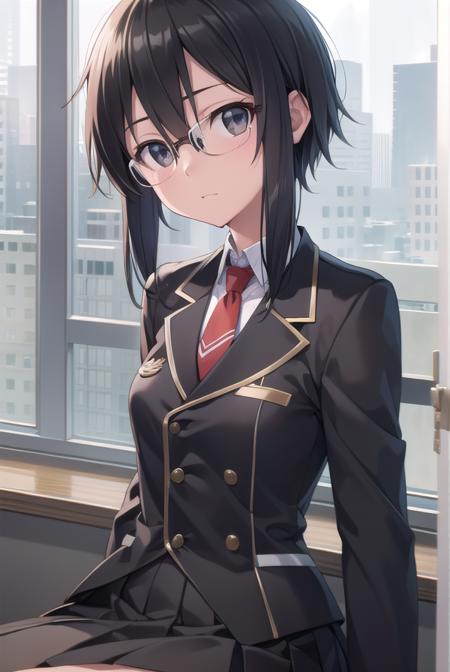 shinoasada, <lora:shinoasada-lora-nochekaiser:1>, 
shino asada, (black eyes:1.5), black hair, hair between eyes, hair ribbon, short hair, sidelocks, glasses, (small breast:1.2),
BREAK blazer, black jacket, black skirt, jacket, necktie, pleated skirt, red necktie, ribbon, school uniform, skirt, tress ribbon,
BREAK looking at viewer,
BREAK indoors, classroom,
BREAK <lyco:GoodHands-beta2:1>, (masterpiece:1.2), best quality, high resolution, unity 8k wallpaper, (illustration:0.8), (beautiful detailed eyes:1.6), extremely detailed face, perfect lighting, extremely detailed CG, (perfect hands, perfect anatomy),