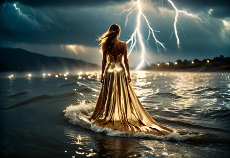 cinematic film still <lora:Abstract Concept-water-000004:0.4>,water concept art,water,standing_on_water, fantasy, waves, lightning, outdoors, humans, cloudy, background, scenery, sparkling aura,, a woman in a gold dress with a long train . shallow depth of field, vignette, highly detailed, high budget, bokeh, cinemascope, moody, epic, gorgeous, film grain, grainy