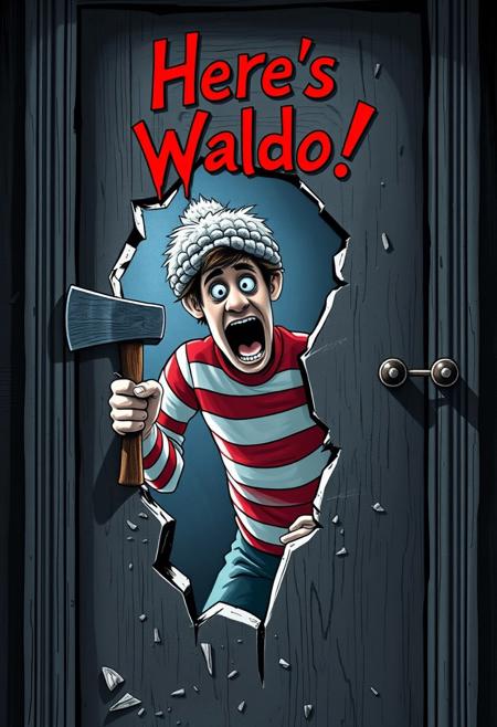 "Iconic scene from The Shining, reimagined with Waldo from the Where's Waldo books as the main antagonist. Waldo is desperately trying to force the door open, axe in hand, chopping a hole through the middle of the door. He's staring through the hole, his eyes wild and maniacal, as he prepares to burst through. The door is splintered and broken, with wood shavings and debris scattered everywhere. Waldo's signature red and white striped shirt is visible through the hole, and his bobble hat is askew, adding to his crazed appearance. The phrase "Here's Waldo!" is written in bold, blood-red letters on the door, replacing the original phrase. Style: dark, ominous, and highly detailed, with a focus on capturing the intensity and menace of Waldo's character in this iconic horror scene."