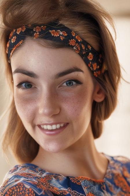 beautiful woman, (freckles), big smile, dark eyes, braided hair, dark makeup, hyper detailed photography, soft light, head and shoulders portrait, cover of a 21 year old woman with a serene expression and delicate features, her light brown hair is styled in a loose adult braid over one shoulder, mesmerizing eyes, no bra, she wears a blue headband with orange floral patterns, large HH bust, light hair on her face, skin imperfection, she has light tan skin and soft pale black eyes that convey a gentle confidence, her look is elegant and casual, with casual blue denim clothing, the lighting is soft and natural, enhancing the warmth and quality of the portrait. Engulfed in Red, a portrait of a pretty young French woman, intricate details, modern, 16k, digital art, artstation, cinematic lighting, vivid, professional film photography 3D model, a portrait of a pretty young French woman, faded film, desaturated, 35mm photo, grainy, vignette, vintage, Kodachrome, Lomography, smudged, highly detailed, found footage . octane rendering, highly detailed, volumetric, dramatic lighting