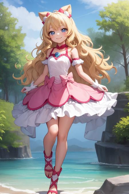 full body, (mahoushoujo:1), 1girl, wavy hair, seductive smile, bow, outdoors, day <lora:mahoushoujo_cpt_v01:1>