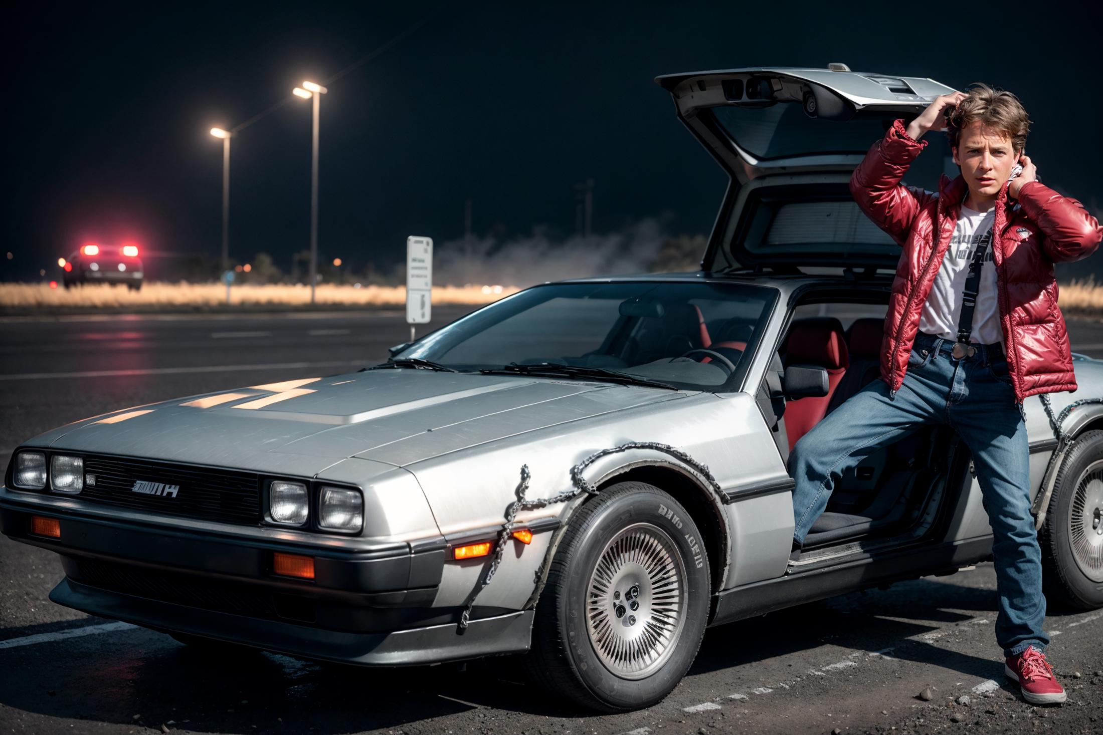 A man in a red jacket sitting in a DeLorean.
