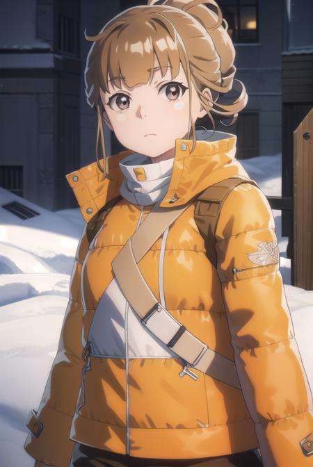 hinata miyake, short hair, brown hair, (brown eyes:1.5), shirt, short sleeves, uniform, blue shirt, name tag, id card, employee uniform, jacket, helmet, orange jacket, orange helmet,