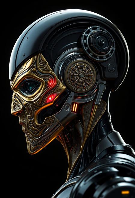 Title: Cybernetic Masked Warrior – Side Profile
Style: Futuristic, sci-fi, high-detail concept art
Perspective: Right-side profile view
Lighting: Strong, high-contrast lighting from behind and above, illuminating the contours of the face with a slight glow
Subject Description:
Head and Face: The character is a humanoid cyborg with a sleek, black mechanical head. The face is covered by a sculpted, ornate metallic mask that appears semi-integrated into the skin. The surface of the mask is highly textured with an intricate pattern resembling circuitry or ancient carvings, blending gold, silver, and iridescent blue highlights.
Facial Features: The mask retains realistic human facial features (nose, lips, brow), but is stylized and mechanical. There's a glowing red mark or light near the cheek, possibly a sensor or a scar-like accent.
Helmet and Machinery: The back and top of the head are encased in dark, rounded armor or helmet plating, embedded with a rotating gear-like mechanism near the ear. This component looks like a high-tech audio or power module, connected with mechanical joints and wires.
Energy Effect: A bolt of cyan-blue energy arcs across the face, from below the chin diagonally toward the headgear, suggesting a surge of power, data, or transformation.
Background: Clean, soft white gradient with faint shadows and smudges, creating a stark contrast that emphasizes the character’s metallic textures and silhouette.