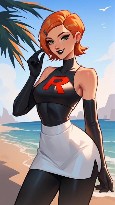 score_9_up,score_8_up,score_6,score_5,score_4,1girl,source_cartoon,gwen_tennyson,ben_10,green_eyes,orange_hair,amazing composition,incredible lighting,smiling,detailed background,<lora:Smooth Anime 2 Style SDXL_LoRA_Pony Diffusion V6 XL:1>,shiny skin,outdoors,beach,ocean,palm tree,black lipstick,team rocket uniform,white skirt,white sleeveless shirt,