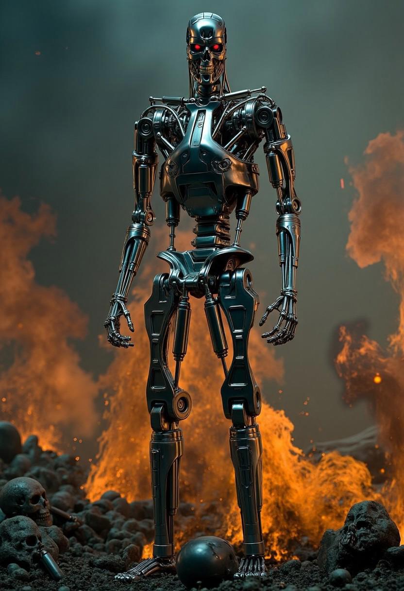 View from below, intimidating photo of t800 robot standing with one foot crushing a human skull, atmosphere has the look of The terminator 2: judgement day film, future battle night scene <lora:T800:0.8>