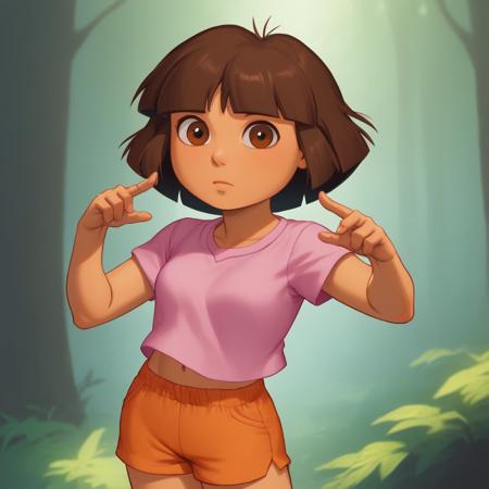 1girl, solo, Dora, short hair, brown hair, brown eyes, tan, pink shirt,  orange shorts,