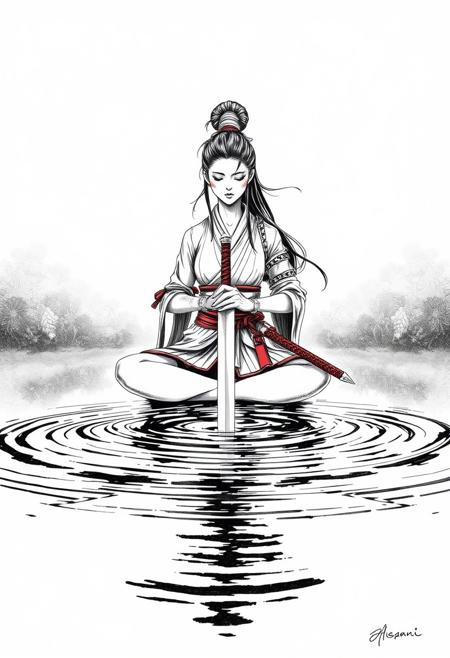 A lone warrior meditating on a foggy lake, her sword resting on the surface, as waves ripple with unseen energy
hyper-detailed black-and-white ink illustration, high-contrast ballpoint pen realism, cyberpunk and punk aesthetics, traditional Japanese elements, sharp cross-hatching, dark humor and satire, intense facial expressions, edgy fashion, minimal red accents, beauty and brutality contrast