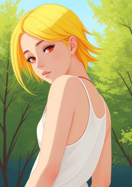 cleanup animation, realistic vector art, (high quality anime girl art painting), summer colors, red eyes, yellow hair color, beautiful anime eyes, intricate detailing using gradient cel shading, high saturation in art, amazing clean line art and coloring, trees in background, tomboy