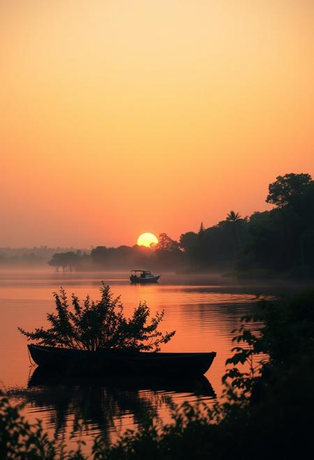 This image captures a serene scene of a lake at sunset. The sky is painted in hues of orange and yellow, while the sun gently dips below the horizon. A small boat is visible in the foreground, adding to the tranquil atmosphere. The lake is surrounded by lush green trees and bushes, enhancing the overall beauty of the scene, warm orange and pink hues casting a beautiful glow, cinematic lighting, detailed digital painting by Aaron Blaise and Robert Bateman and Carl Runguis, 4k resolution, hyperrealistic rendering, ethereal atmosphere. highly detailed and hyper realistic photo, by Alena Aenami , by Archibald Thorburn , by Daniele Afferni , in the style of  monochromatic silhouette reflection,  limited dark palette, unusual dark colors, faded colors, atmospheric haze, highly dramatic cinematic lighting, motion blur, film grain,  professional, excellent composition, finest details, maximized details, ultimate detail level, masterpiece, best quality