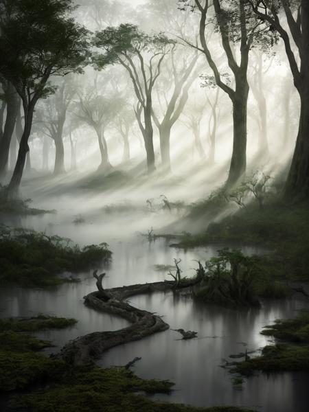 A murky swamp with twisted trees rising from the water, Hue, window light, spotlight masterpiece, realistic, award winning, volumetric light and fog, subsurface scattering, caustics, bloom, perfect exposure, perfect composition, rule of thirds, 8k, hdr10, cinematic, breathtaking, ray tracing, global illumination