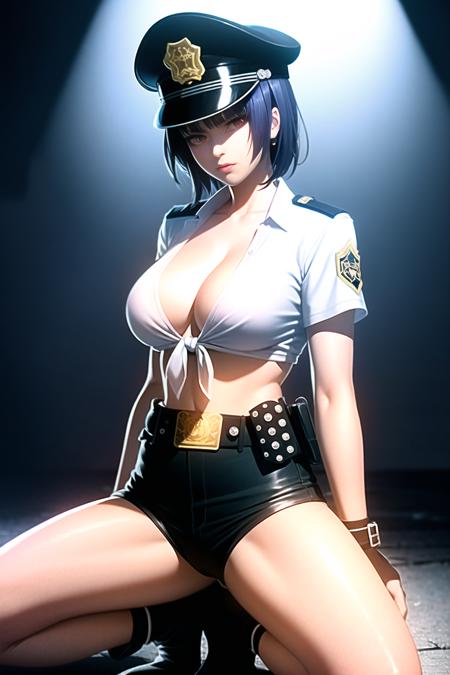 <lora:DOA5LR Ayane Police Costume :1>, DOA, Ayane, full body, (black police peaked cap:1.2), Police, cleavage, Midriffs, white shirt, front-tie top, (red eyes:1.2), short blue hair, Black High-waist shorts, (red belt:1.2), black fingerless gloves, black boots, (masterpiece:1.4), photorealistic, best quality, beautiful lighting, real life, natural makeup, ultra detailed face, ultra detailed eyes, intricate, high detail, sharp focus, dramatic, beautiful girl, (RAW photo, 8k uhd, film grain), caustics, subsurface scattering, reflections