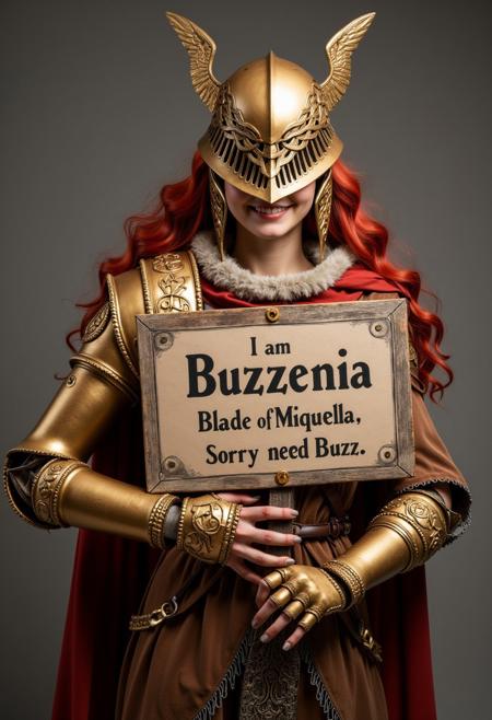 woman is malenia. holding a sign with text "I am Buzzenia Blade of Miquella. Sorry need Buzz.". smile. Woman in gold armor. top body