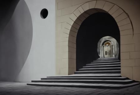 <lora:Mystery_Inc_BackgroundsXL:1> a building with a fountain and steps leading to a tunnel with a clock on it, surreal camera shot