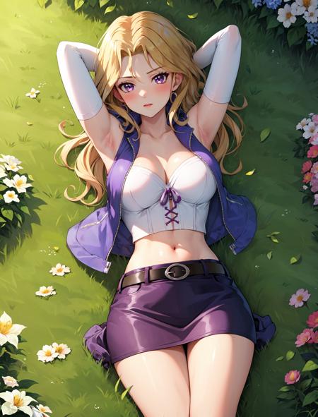 masterpiece, best quality, outdoors, grass, field, flower field, 
1girl, solo, looking at viewer, lying, on back, blonde hair, purple eyes, breasts, blush, skirt, long hair, large breasts, elbow gloves, white gloves, navel, cleavage, detached sleeves, midriff, belt, vest, crop top, bustier, arms behind head, armpits, presenting armpits, 
<lora:LoRA_Mai:1>