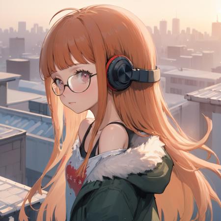 Digital art, masterpiece, a very detailed and professional screenshot, a halfbody portrait, A girl Sakura Futaba standing on rooftop wearing headphone  <lora:futaba_xl-000014:1>