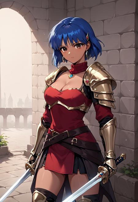 Epo, 1girl, blue hair, bangs, brown eyes, short cut, dark-skinned female, large breasts swords, weapon,leather armor,shoulder armor, jewelry, earrings, cleavage