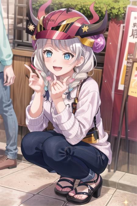 <lora:EveWakamiya-10:0.8>, wakamiya eve, long hair, blush, smile, open mouth, blue eyes, multiple girls, shirt, long sleeves, braid, white hair, outdoors, food, shoes, solo focus, socks, pants, high heels, twin braids, sweater, sparkle, squatting, helmet, denim, hand fan, pink shirt, jeans, blue pants, japanese armor, pink sweater, kabuto (helmet)