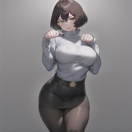 mandalay, 1girl, solo, breasts, looking at viewer, smile, short hair, skirt, large breasts, simple background, brown hair, long sleeves, white background, hair between eyes, brown eyes, pantyhose, cowboy shot, belt, sweater, black pantyhose, hands up, turtleneck, white skirt, ribbed sweater, pencil skirt, paw pose, turtleneck sweater, blue sweater  <lora:MandalayLoRA-10:0.6>