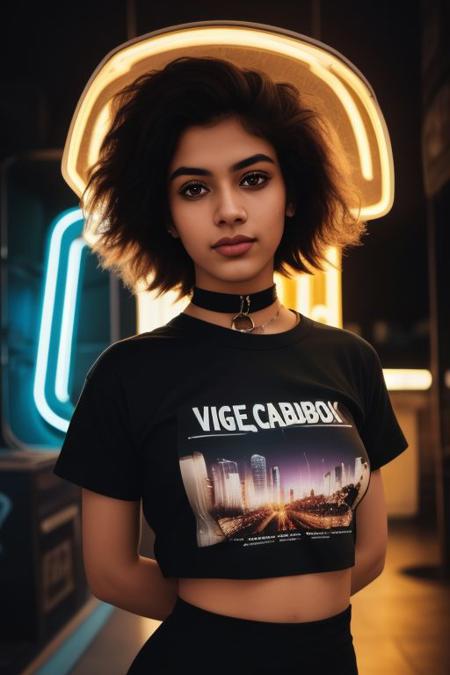 (analog photo:1.1), (an indian punk girl:1.15),  short curly hair, (black t-shirt:1.15), (20 years old, young:1.2), petite, (pubic hair:1.1), choker, cream eyeliner, tamil, cozy bedroom, (neon glow, cyberpunk:1.2), waves, warm colors, (inviting expression:1.05), RAW Photograph, dslr, soft lighting, high quality, film grain, Fujifilm XT3, (nsfw:1.1), insane details, masterpiece, 8k, 35mm photograph, dslr, kodachrome, vignette, vintage, Kodachrome, Lomography, stained, highly detailed, found footage, lift t-shirt and show breasts.