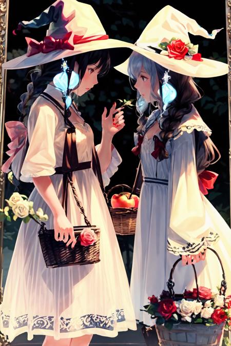 long hair, multiple girls, red eyes, long sleeves, hat, dress, bow, holding, 2girls, cleavage, hair between eyes, jewelry, very long hair, closed mouth, braid, flower, white hair, hair bow, parted lips, food, nail polish, white dress, looking at another, red bow, twin braids, fingernails, witch hat, fruit, rose, white headwear, holding food, white flower, pale skin, red nails, index finger raised, eye contact, mirror, apple, basket, witch, vines, white rose, holding fruit, picture frame, white theme, holding basket,
<lora:sousou:1>