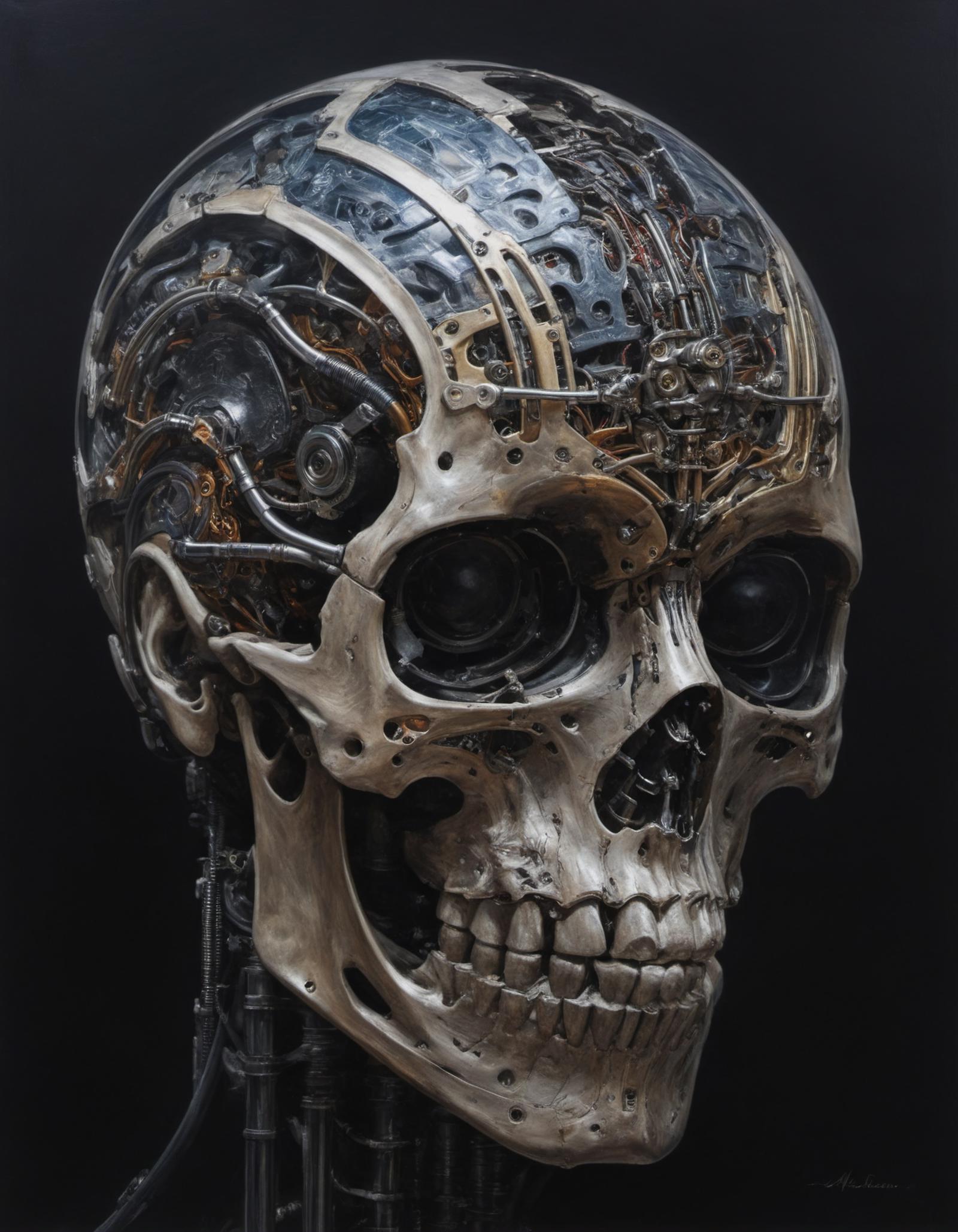 A robotic skull with a metal face and gears.