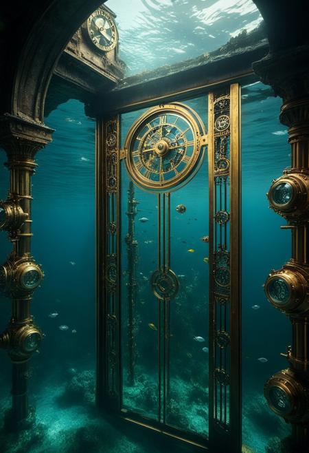 Underwater steampunk city, 8K, photorealistic, ((masterpiece, hyper-detailed)), crystalline waters, brass and copper structures, highres, ultra-sharp focus, A vast submerged metropolis of Victorian-era buildings and clockwork mechanisms. Design a minimalist logo inspired by the BTS logo. It features two vertical, symmetrical, sleek trapezoid shapes side by side, resembling doors that open toward the future. The words "NALOESIG BTS ARMY" on text completes the bts logo, The design should have a modern, polished, and simple aesthetic. Use a purple and metallic color palette, such as black, silver, purple and white. The shapes should look futuristic