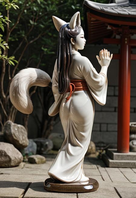 ceramic,masterpiece, best quality, amazing quality, very aesthetic, newest, Stone Statue of a Beautiful Woman、Head is human、fox ear、fox tail、long straight hair、Beautiful Standing、stretches back、Stand up your tail、Wearing a stone kimono、The style is good and the impression is high and slender、Japanese temple、lighting from below、Polished Stone Statue、Outdoors、well-balanced arrangement and composition、Very Realistic Quality